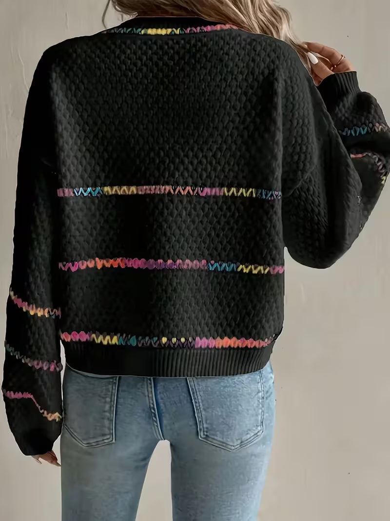 Women's White & Multicolor Striped Sweater with 3D Pineapple Crochet Accent - Soft Lightweight Drop Shoulder — view 4