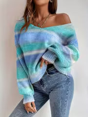 V-Neck Sweater with Random Gradient Color Pattern — view 1