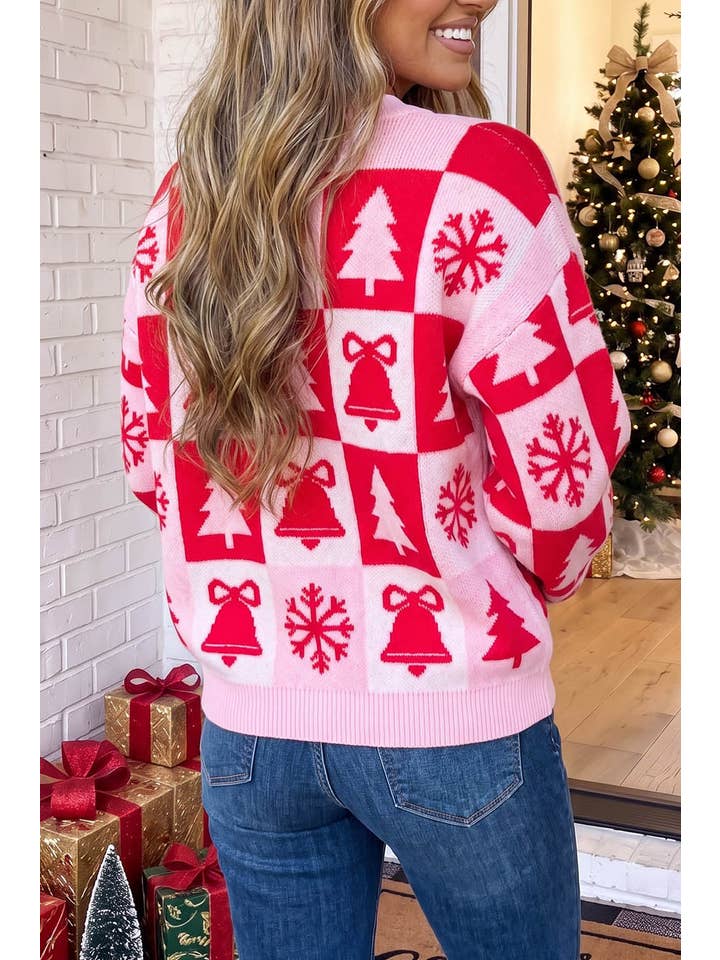 Las Christmas Tree Bell Snow Checkered Knit Sweater (S-Xl)