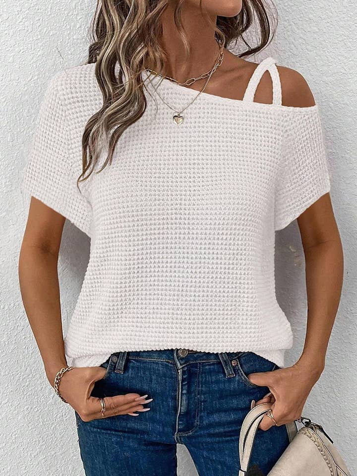 Short Sleeved Off-The-Shoulder Knit T-Shirt