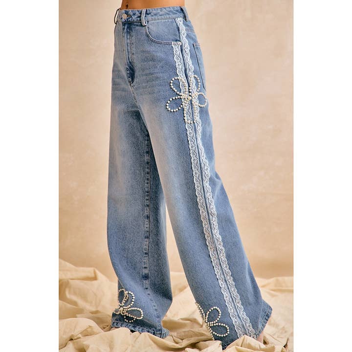Lace Trim Pearl Floral Wide Leg Jeans