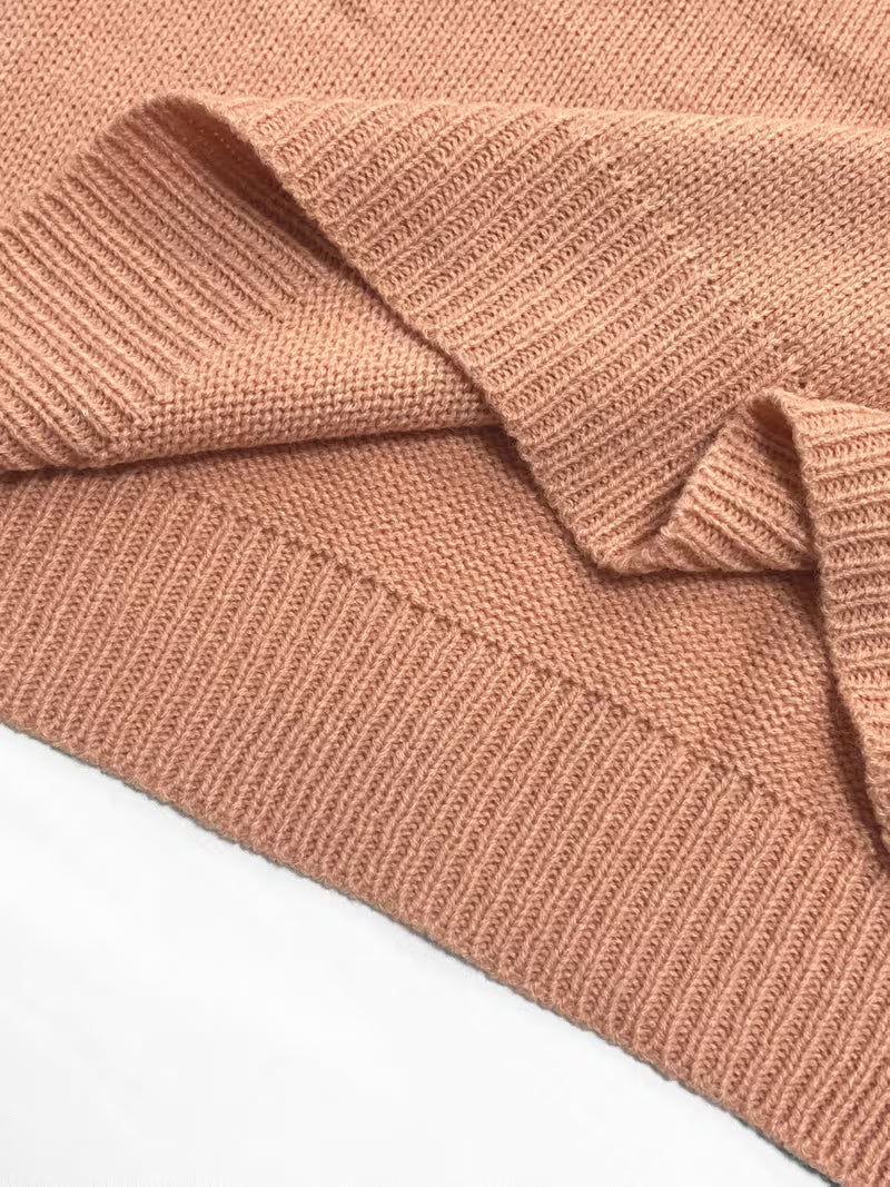 Women's Autumn/Winter Pink Apricot and Blue Color-Block V-Neck Dress, Midi-Length with Long Sleeves and Loose — view 8