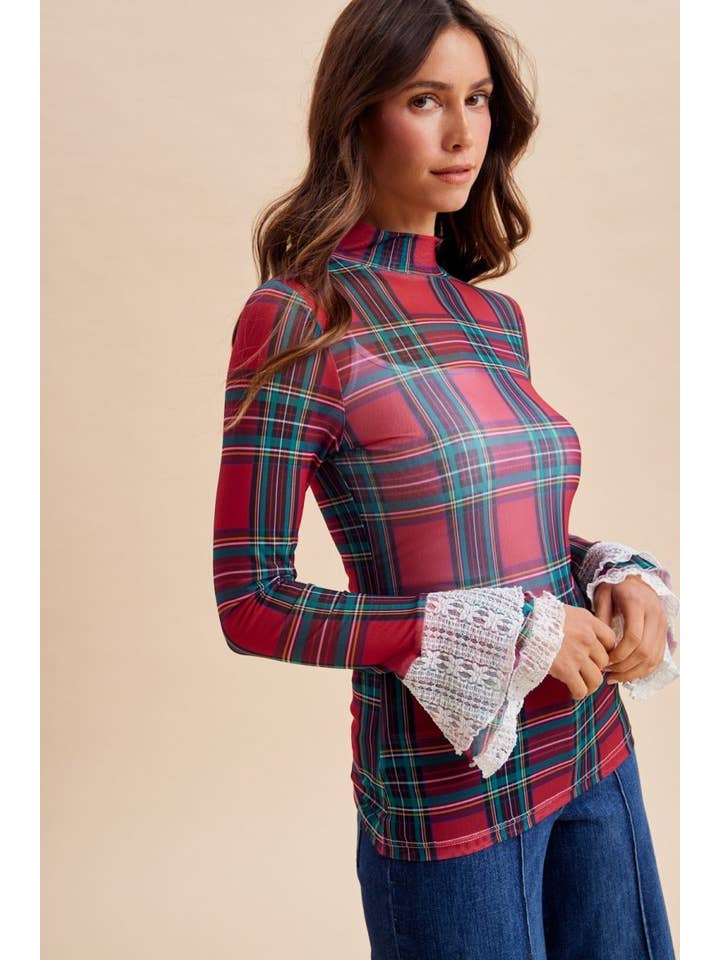 Christmas Check Ruffle Sleeve Stretch Mesh Top — view 3