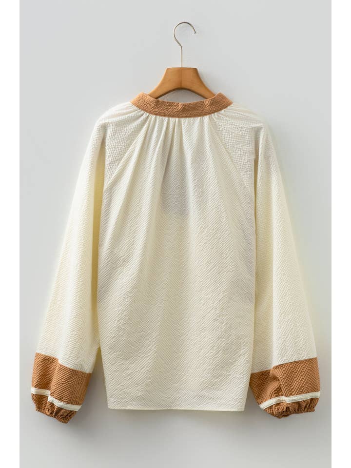 PRETTY BASH Colorblock V-Neck Textured Long Sleeve Blouse