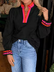 Women's Red And Rose Red Color-Blocked Ruffled Neckline Blouse, Ribbon Cuffs, Ruffled Cuffs, V-Neck Pullover — view 3