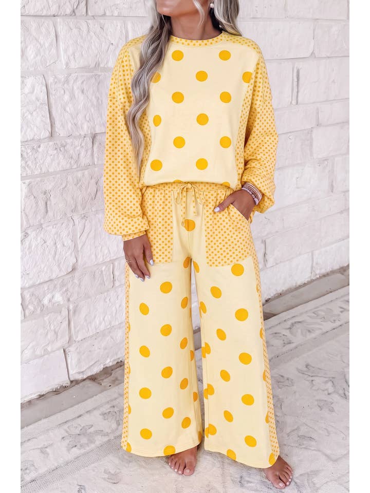 Polka Dot Contrast Patchwok Long Sleeve Pants Set — view 3
