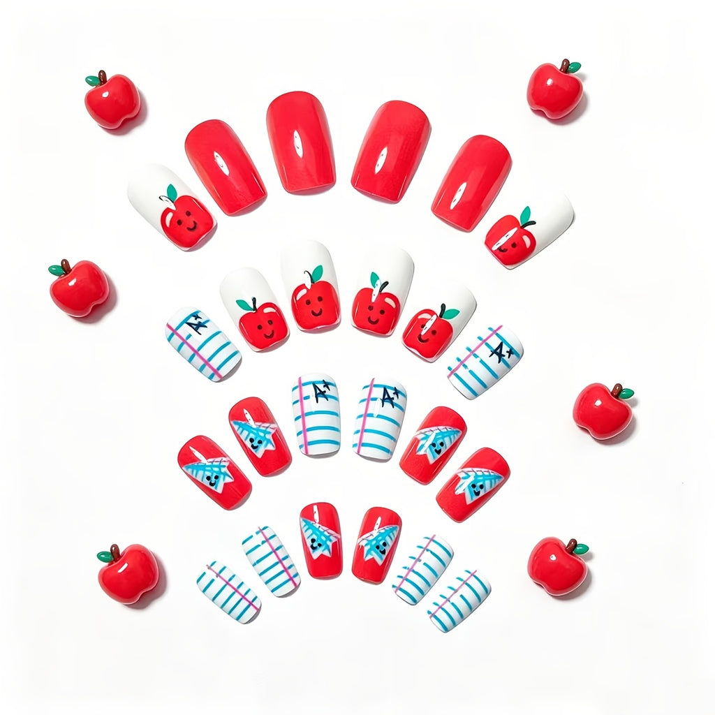 24pcs Red Apple Nail Stickers Suitable for Daily Wear, Parties, Vacations - Reusable Press- Nails with Glossy, Medium-Length Square Fake Nails, Application for Instant Volume & Nail Care (No Removal)