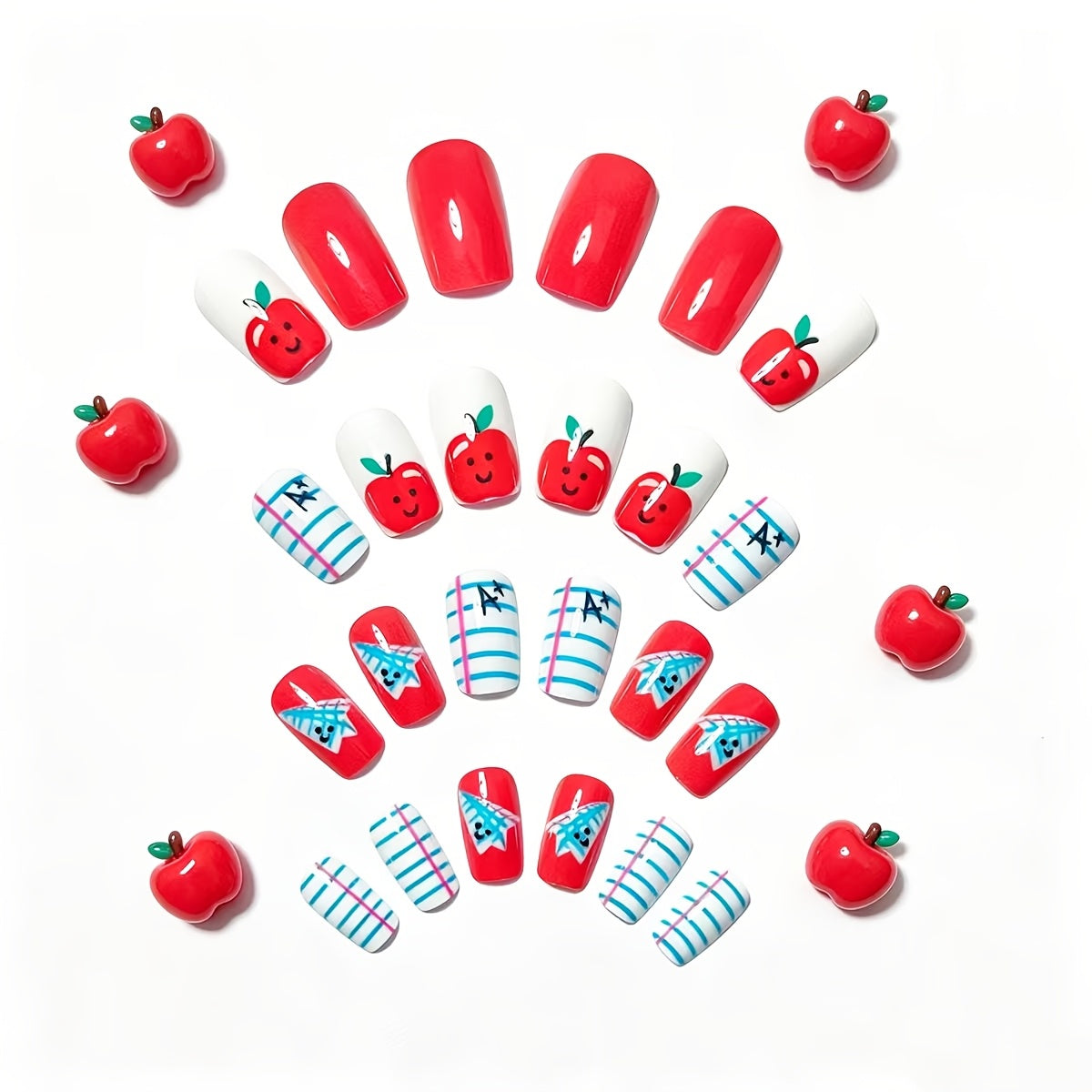 24pcs Red Apple Nail Stickers Suitable for Daily Wear, Parties, Vacations - Reusable Press- Nails with Glossy, Medium-Length Square Fake Nails, Application for Instant Volume & Nail Care (No Removal)