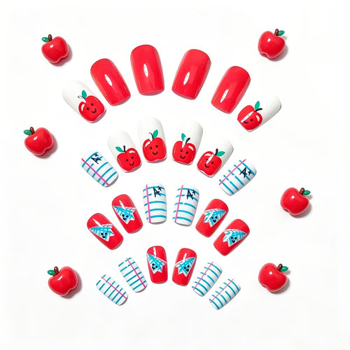 24pcs Red Apple Nail Stickers Suitable for Daily Wear, Parties, Vacations - Reusable Press- Nails with Glossy, Medium-Length Square Fake Nails, Application for Instant Volume & Nail Care (No Removal)