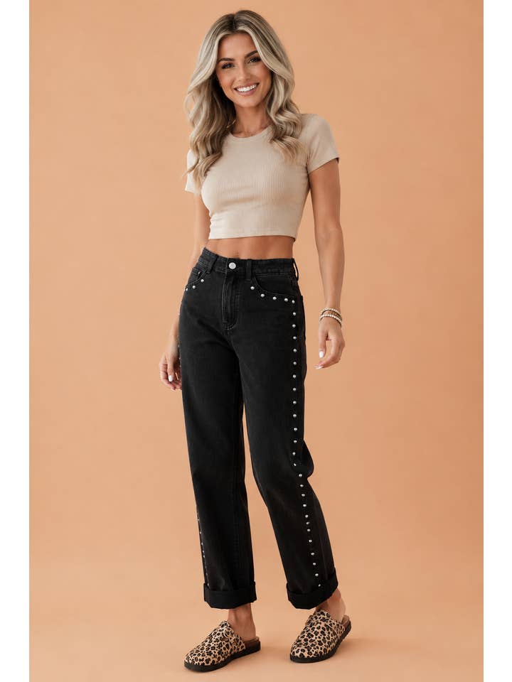 The Slow Blink | Studded Side-Seam Straight-Leg Denim Jeans — view 3 of 4