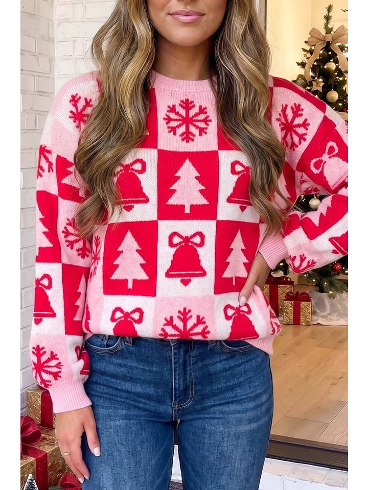 Las Christmas Tree Bell Snow Checkered Knit Sweater (S-Xl)