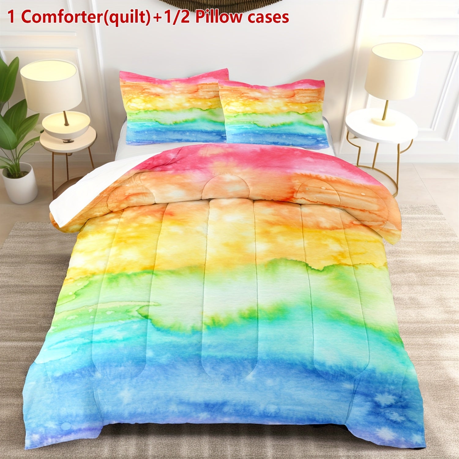2/3pcs Rainbow Color Gradient Printed Ultra-Soft, Breathable and Comfortable Bedding for Bedroom and Guest Room Decoration, All Seasons (1 Comforter(Quilt) + 1/2 Pillowcases Without Core)