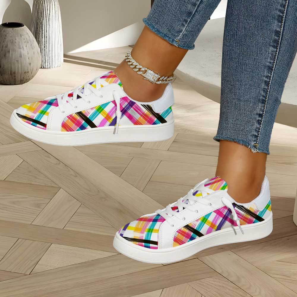 Women'S Sports Casual Shoes, Summer New Doodle Rainbow Color Block Sneakers, Fashion Versatile Women'S Lace-Up Flat Shoes, Breathable Lightweight Slip-On Plus Size Women Shoes