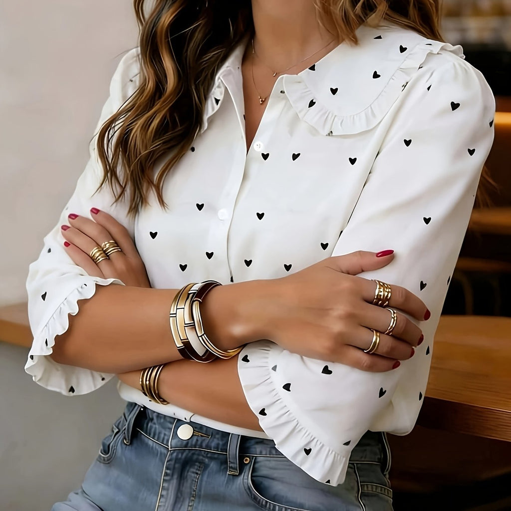 Women'S Heart Print Short Sleeve Blouse with Peter Pan