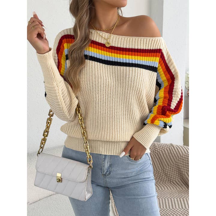 Rainbow Striped Off-Shoulder Lantern Sleeve Sweater BJS351