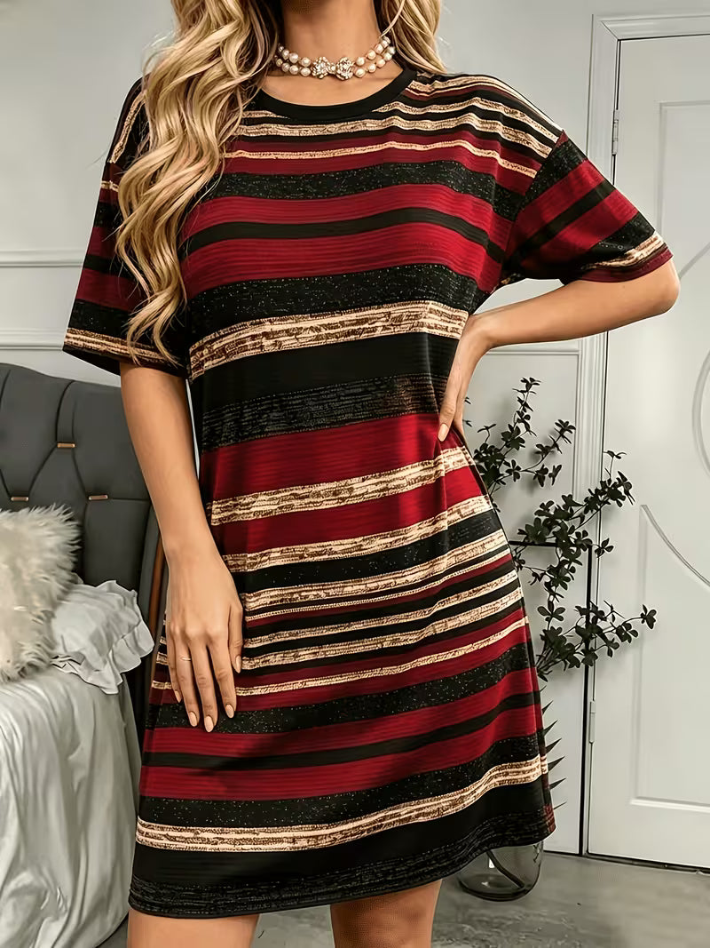 Women'S Comfortable Soft Casual Round Neck Pajamas, Retro Ethnic Striped Printed Short Sleeve Nightgown, Women'S — view 7