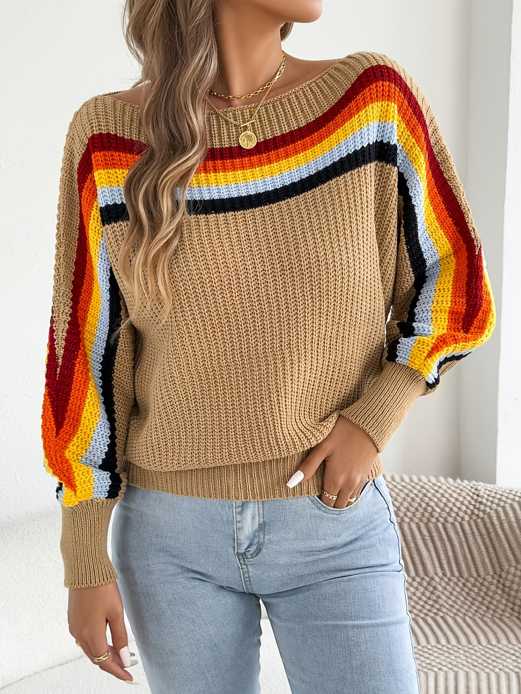 New Summer And Autumn Women'S Fashion Rainbow Striped Off-Shoulder Lantern Sleeve Sweater