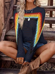 Women's Color-Block Striped Cut-Out Mesh Top, Bohemian Style Round Neck Long Sleeve Sweater, Breathable — view 10