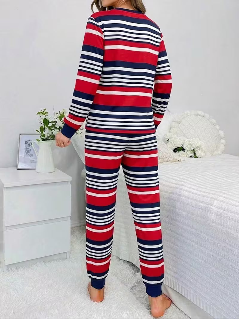 Fashion 2pcs Loungewear Set, Striped Print Pullover Crew Neck Long Sleeve Top with Long Pants, Women's Pajama Set — view 6