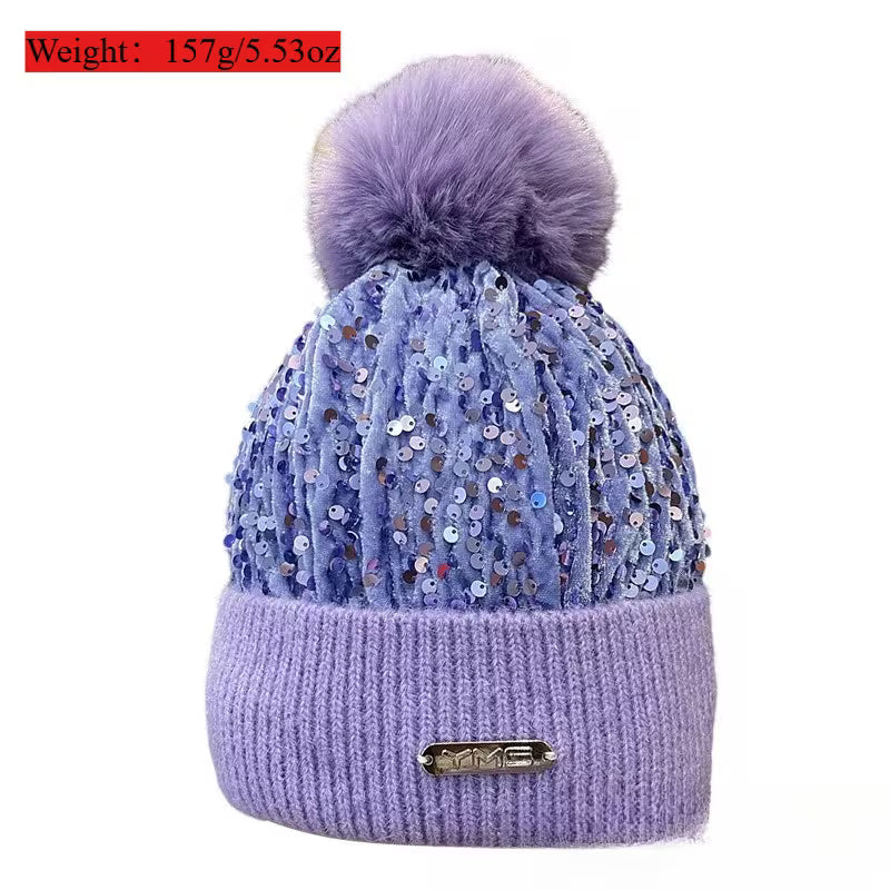 Autumn and Winter Sequins with Balls and Yarn Hats Fashion Winter Outdoor Warmth Hats Skiing Cold Hats — view 6