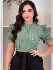 [Polka Dot Blouse] Elegant Women's Stand Collar Polka Dot Blouse - Chic Puff Sleeve Shirt, Perfect for — view 9