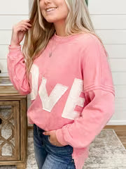 "LOVE" Three-dimensional Pattern Stitching Round Neck Casual Sweatshirt, Applique Loose Shoulder Top, Side Slit — view 5