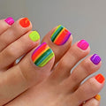 Summer Fluorescent Rainbow Toenails with High-Saturation Color-Blocked Stripes, Energetic And Spicy Style, Detachable Toenail Pieces