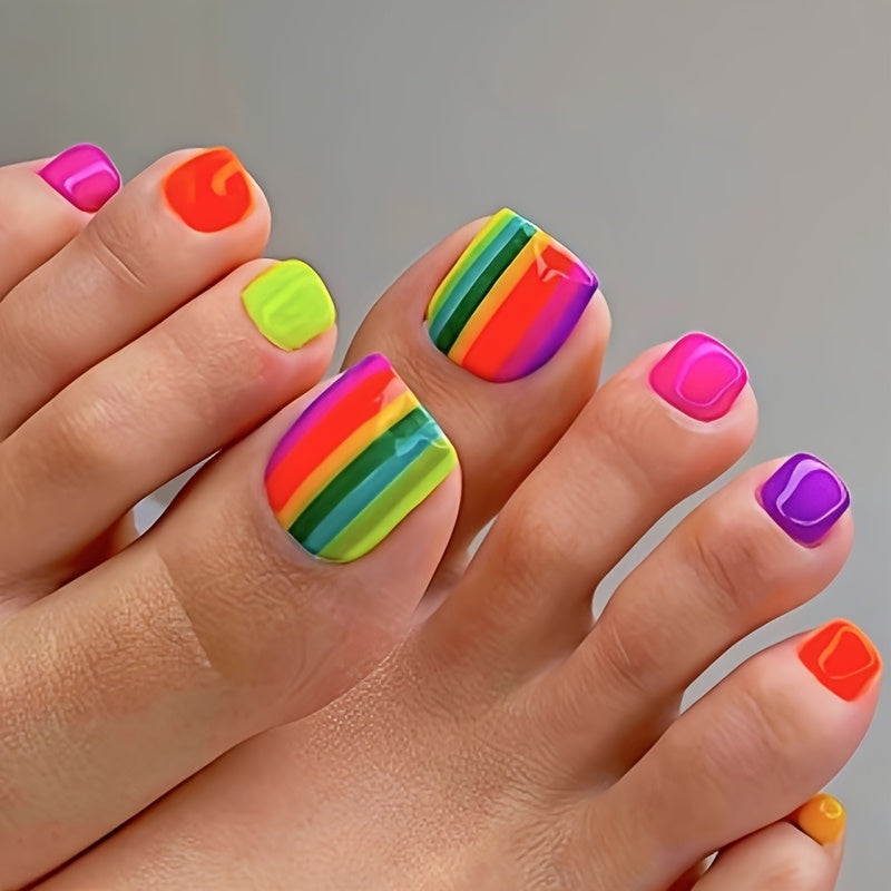 Summer Fluorescent Rainbow Toenails with High-Saturation Color-Blocked Stripes, Energetic And Spicy Style, Detachable Toenail Pieces