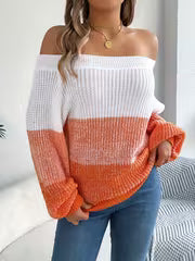 Elegant Off-Shoulder Striped Sweater - Casual Lantern Long Sleeve, Acrylic Knit for Women - Perfect for — view 5