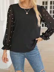 Elegant Beaded Chiffon Blouse, Polyester Crew Neck Solid Color Top, with Ruffle Detail, for Women, Spring/Fall — view 1