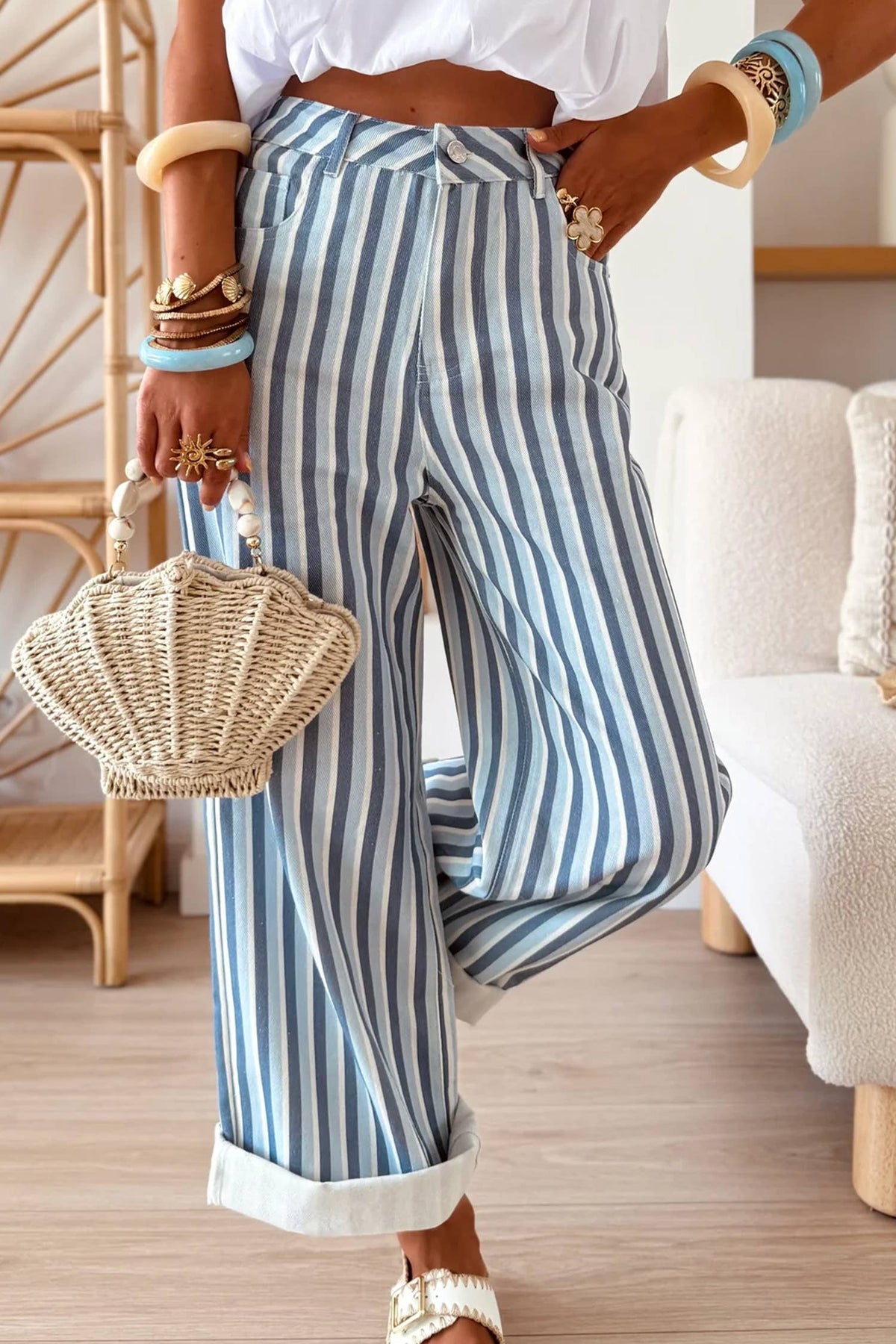 Women's Stripe Button High Waist Wide Leg Jeans