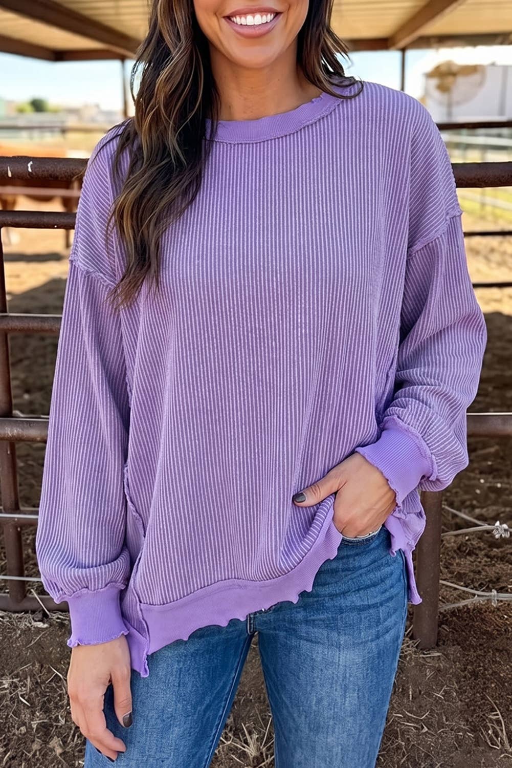 Fall Twist Rib Uneven Hem Drop Shoulder Oversized Knit Top