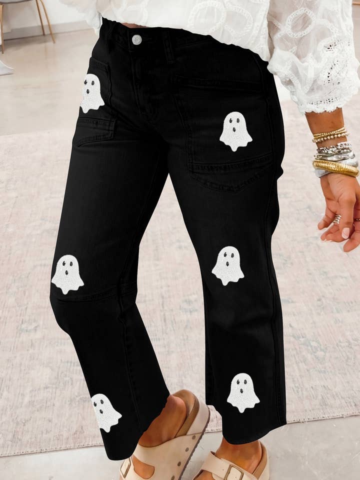 Black Sequin Ghost Graphic Raw Hem Casual Jeans — view 3