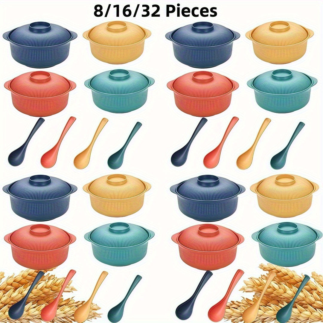 8/16/32pcs Wheat Straw & Plastic Large Capacity Bowls Set | 40oz/1100ml with Lids, Handles & Long Spoons, Microwave/Dishwasher Safe, Non-Slip, Ideal for Soup, Ramen, Spaghetti, Family, Camping, Picnics, Couples & Restaurants