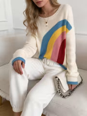 LOBURIY Women's Rainbow Color-Block Sweater - Collegiate Round-Neck Pullover with Blue Cuff Trim, Fall Shoulder — view 3