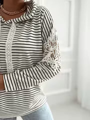 No import chargesStriped Color-Block Floral Lace Patchwork Long-Sleeve Hooded Sweatshirt, Casual Drawstring Lace — view 4