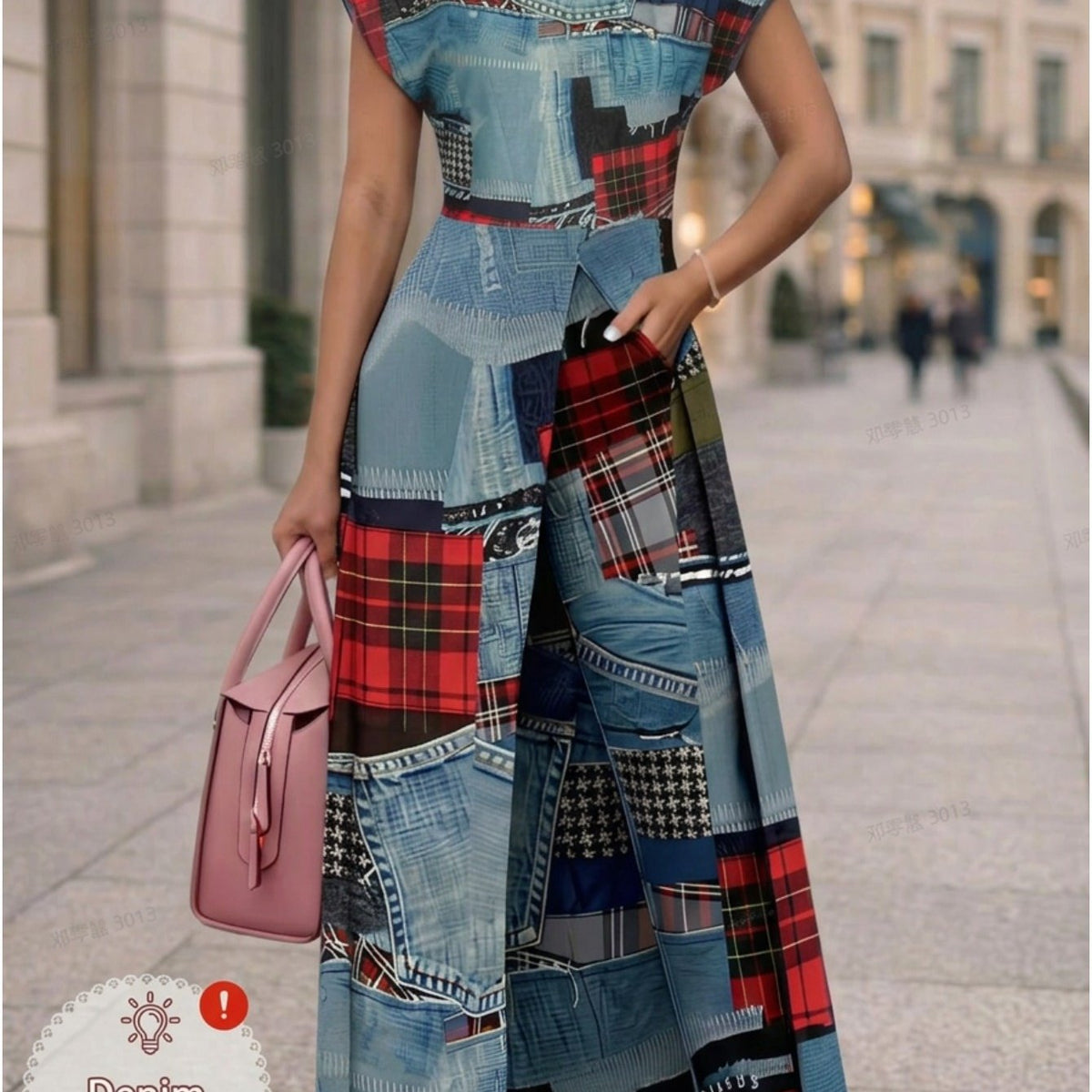The Retro Verdict | Plaid Cap-Sleeve Slit Dress & Slim Pant 2-Piece Set — view 2 of 3