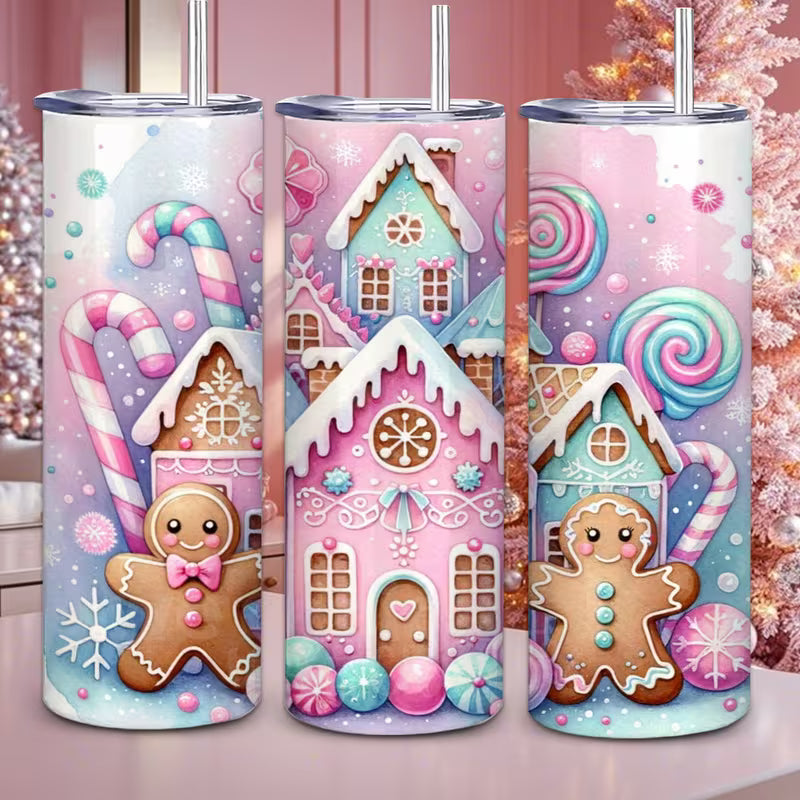 One 20 Oz Mikenda Stainless Steel Tumbler Featuring a Charming Gingerbread And Candy House Design, Equipped with — view 10