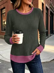 Women's Color Blocked Pit Stripe Round Neck Long Sleeved Contrasting Pullover Casual Loose And Winter Top L XXL — view 11