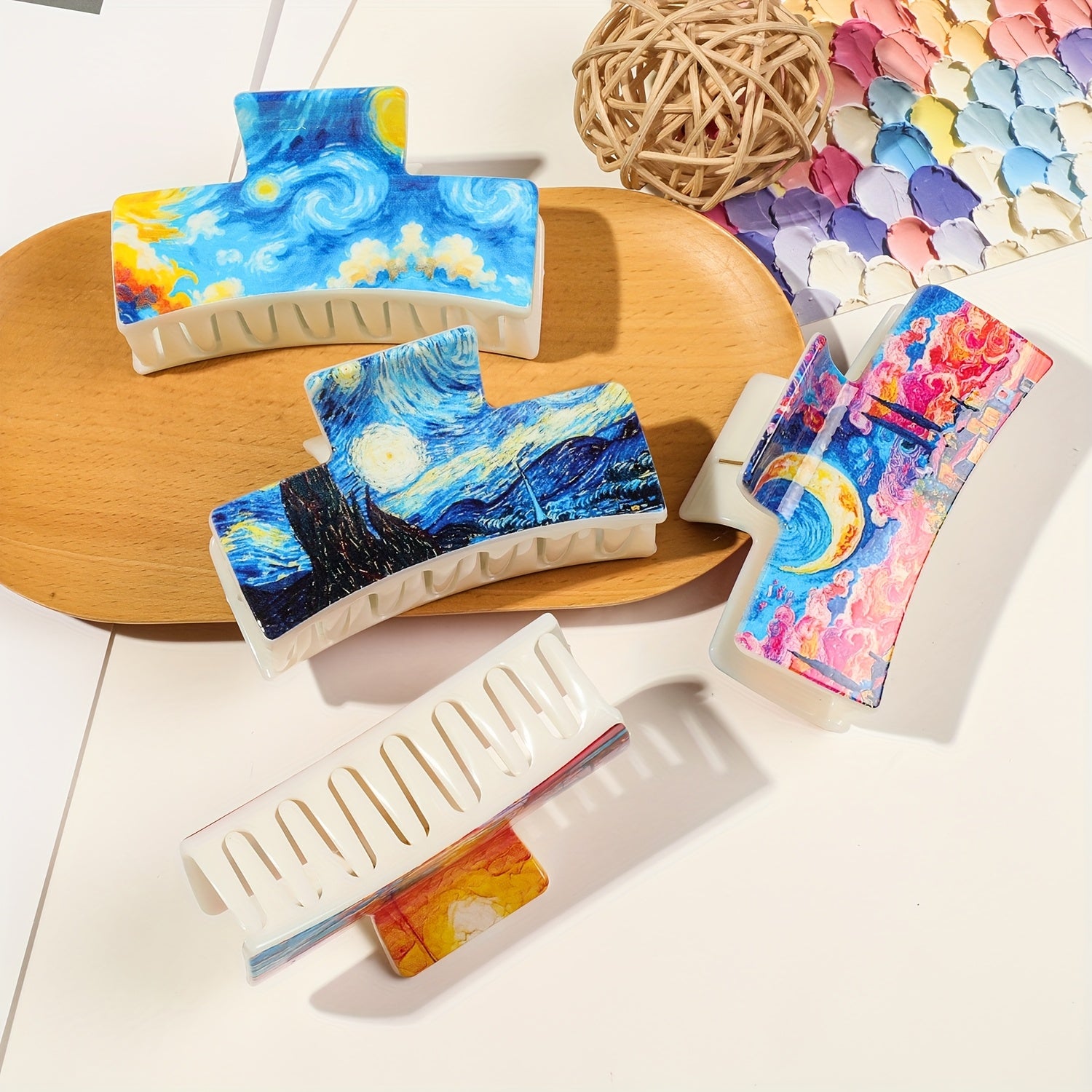 3pcs Set of Artistic And Minimalist Square Hair Claw Clips for Women with Van Gogh Oil Painting Style, Back of Head Hair Clip