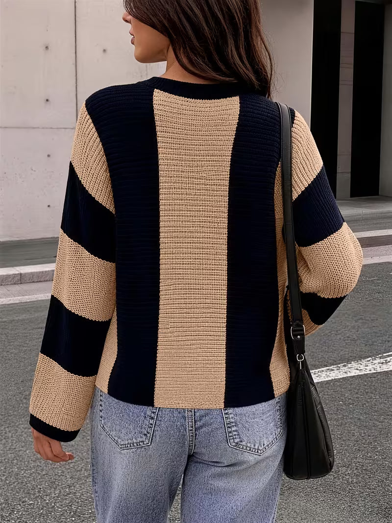 Women'S Lazy Style Crew Neck Striped Color Block Casual Long Sleeve Pullover, Stylish, Loose, Versatile, And — view 6