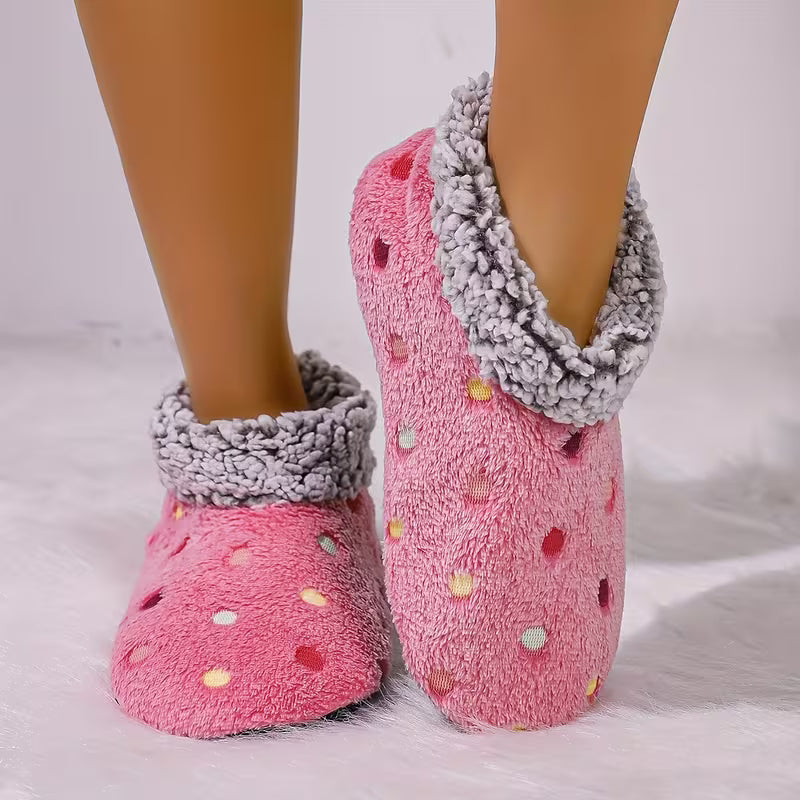 Women'S Comfortable Indoor Short Boots - Black Soft Sole with Colorful Polka Dot Pattern, Warm Fleece Lining — view 14