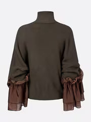 Women'S Elegant Fashion High-Neck Long Sleeve Sweater with Sheer Ruffled Cuffs — view 4