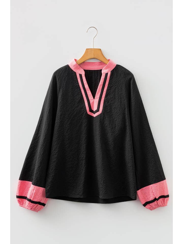 PRETTY BASH Colorblock V-Neck Textured Long Sleeve Blouse