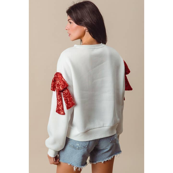 Bow Ribbon Sequins Embellished Terry Knit Top — view 5