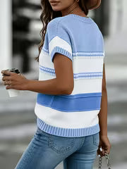 Breathable Hollow-Out T-Shirt - Loose Fit Short Sleeve Round Neck -Compatible Top | Color-Block Striped Suitable — view 2