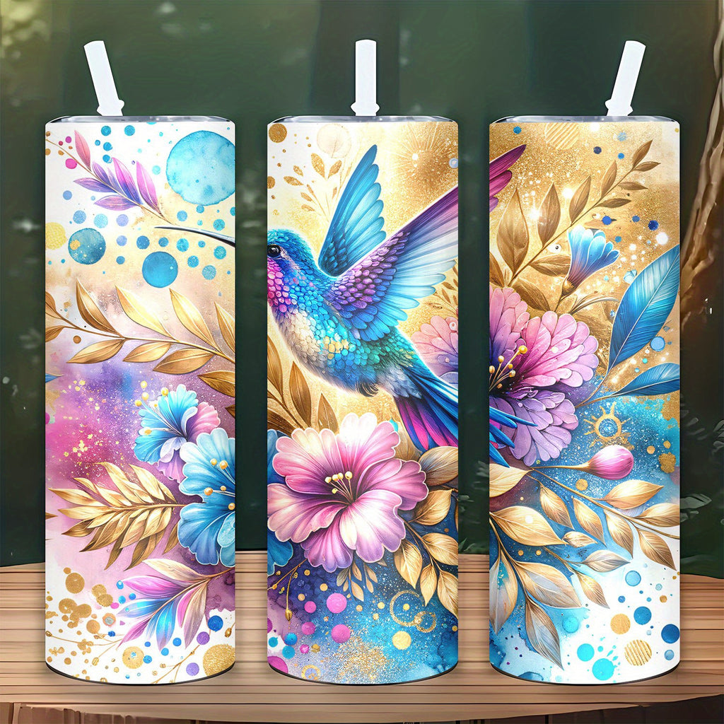 20oz Hummingbird Floral Stainless Steel Water Bottle - Hand Wash, Double Wall Insulation, PVC Free, Travel Friendly with Lid & Straw for Coffee, Cold Beverages, Sports - Ideal Gift for Mom, Lover, Friends