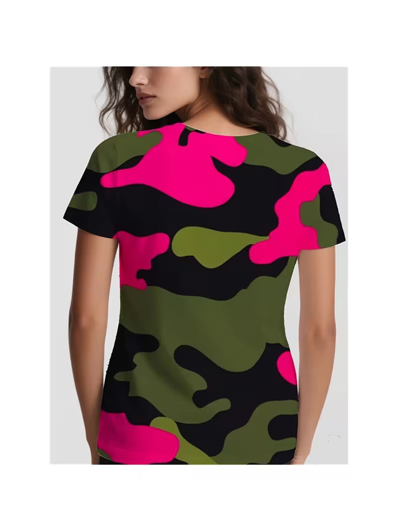 Oversized Women'S T-Shirt Featuring a 3D Camouflage Print in Pink, Green, Black, And White. This Casual Yet — view 5