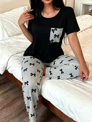 Women's Pajama Set • with Bow Detail, Pocket Embellishment • Casual Round Neck Short Sleeve Top • Striped Bow — view 3