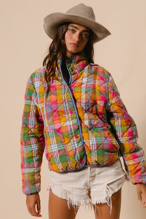 Vintage Plaid Quilted Jacket with Pockets-Orange Green and Yellow